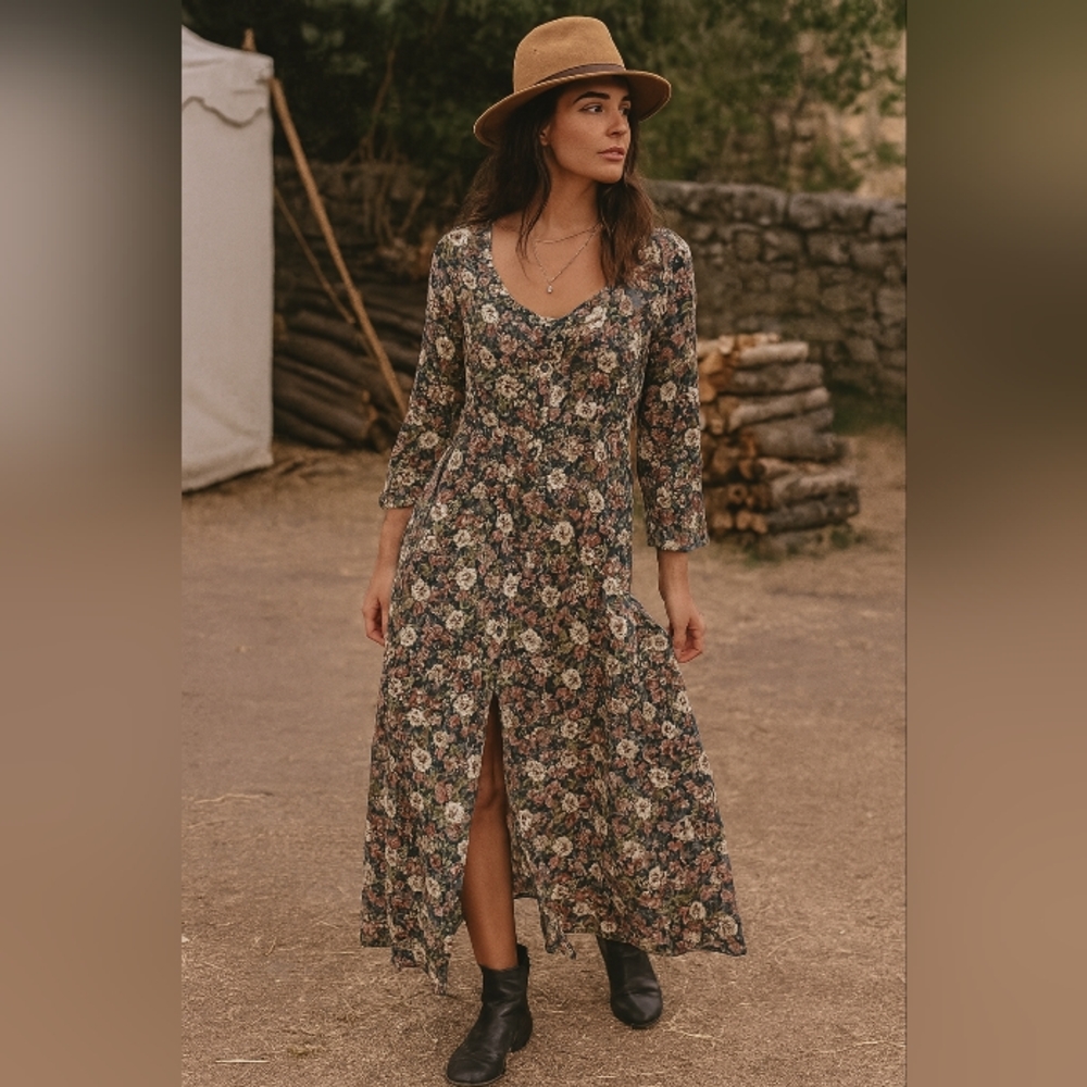 At Last & Co Rayon Button Front Floral Maxi Dress Large Boho Cottagecore Prairie